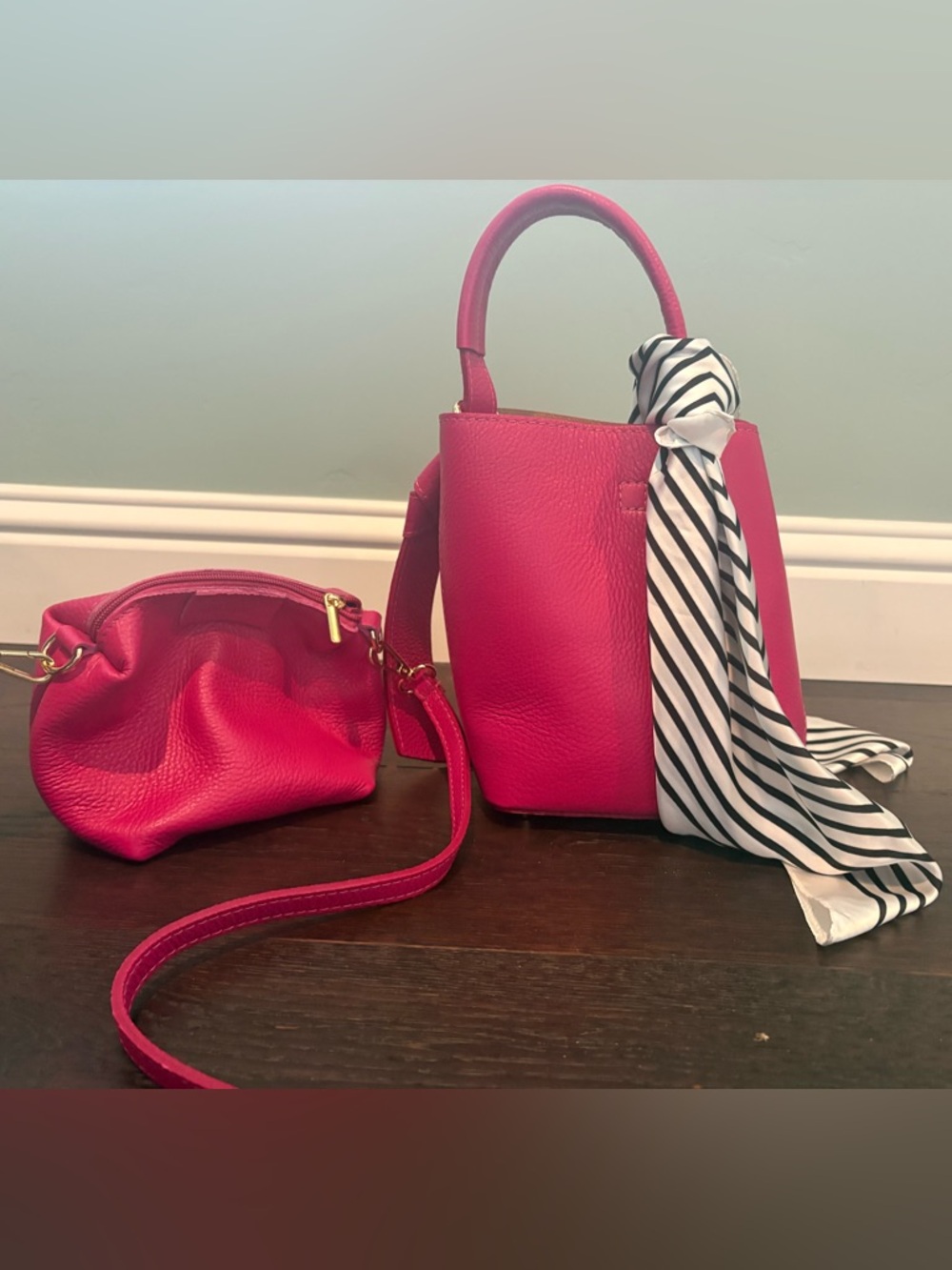 NEW MADE in ITALY GENUINE LEATHER Fuchsia Bucket Bag bundle with Scarf Accent